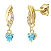 Gem Stone King 10K Yellow Gold Swiss Blue Topaz and Lab Grown Diamond Dangle Earrings for Women | 0.71 Cttw | Gemstone November Birthstone | Heart Shape 4MM