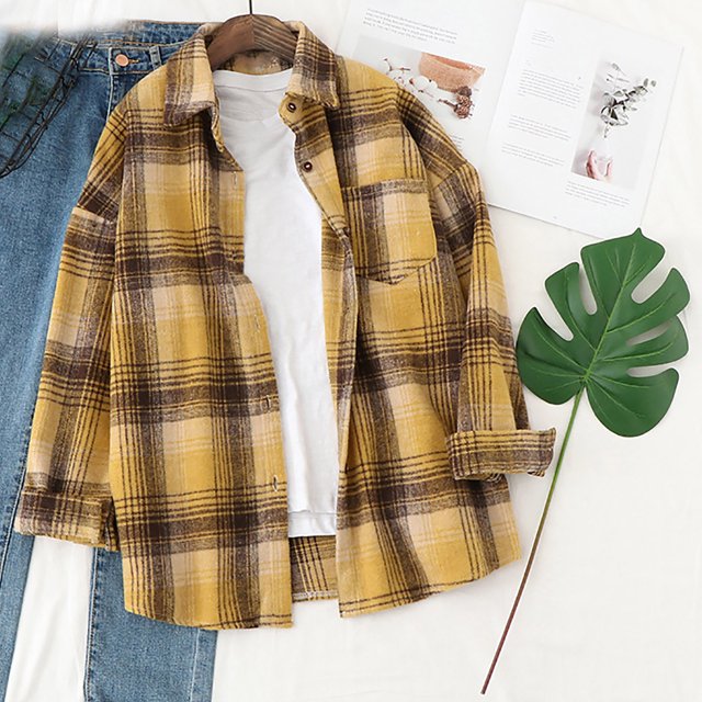 UVEASISHA Chemises à Carreaux Tendance pour Femmes 2025 Manches Longues Col Rabattu Chemise Légère Boutonnée Veste Chemises de Travail Décontractées avec Poches Ventes du Jour Aujourd'hui, Jaune, G