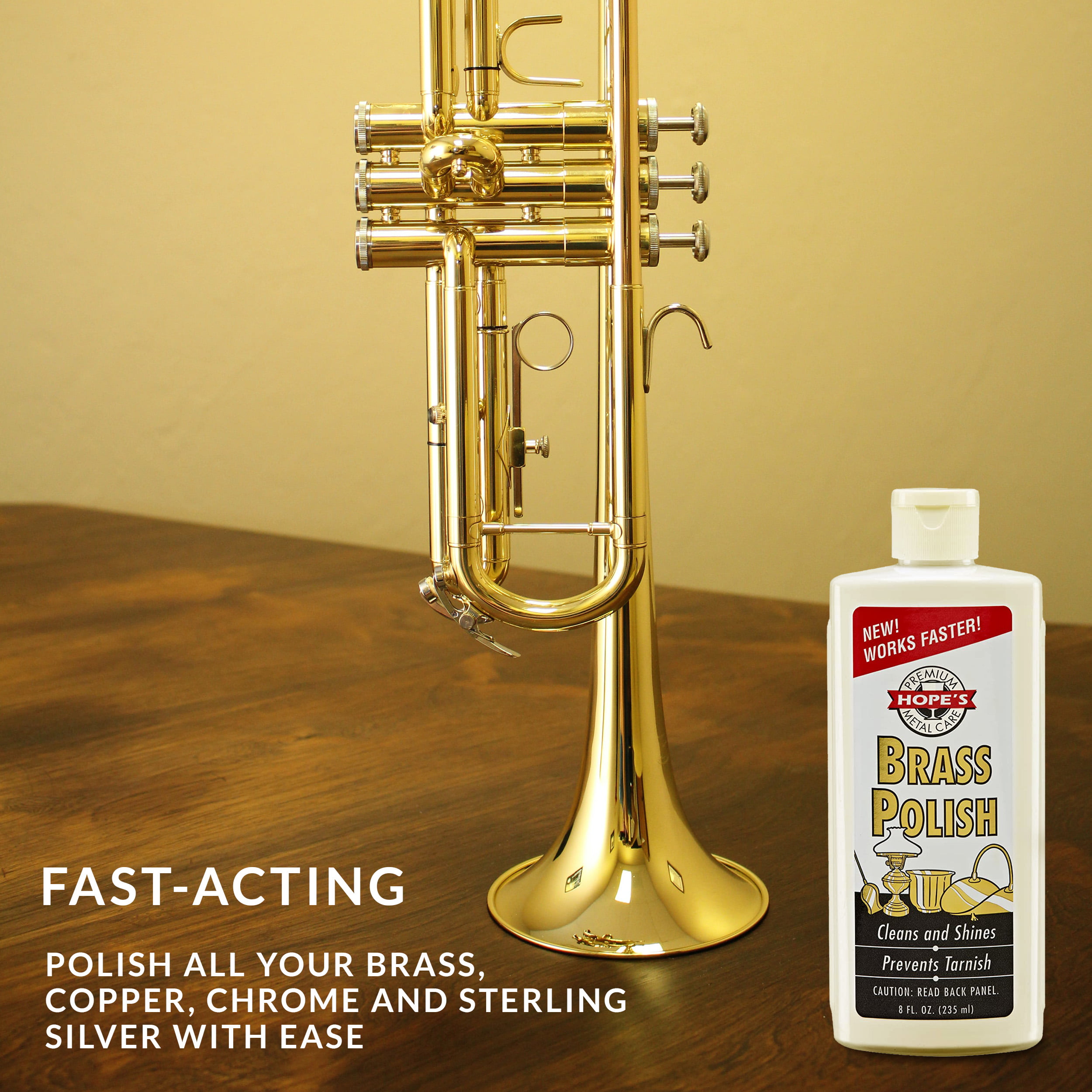 HOPE'S Brass Polish and Cleaner, Prevents Tarnish, Safe for Brass, Copper,  Chrome, and Sterling Silver, Metal Polish for Cymbals, Trombone, Trumpet