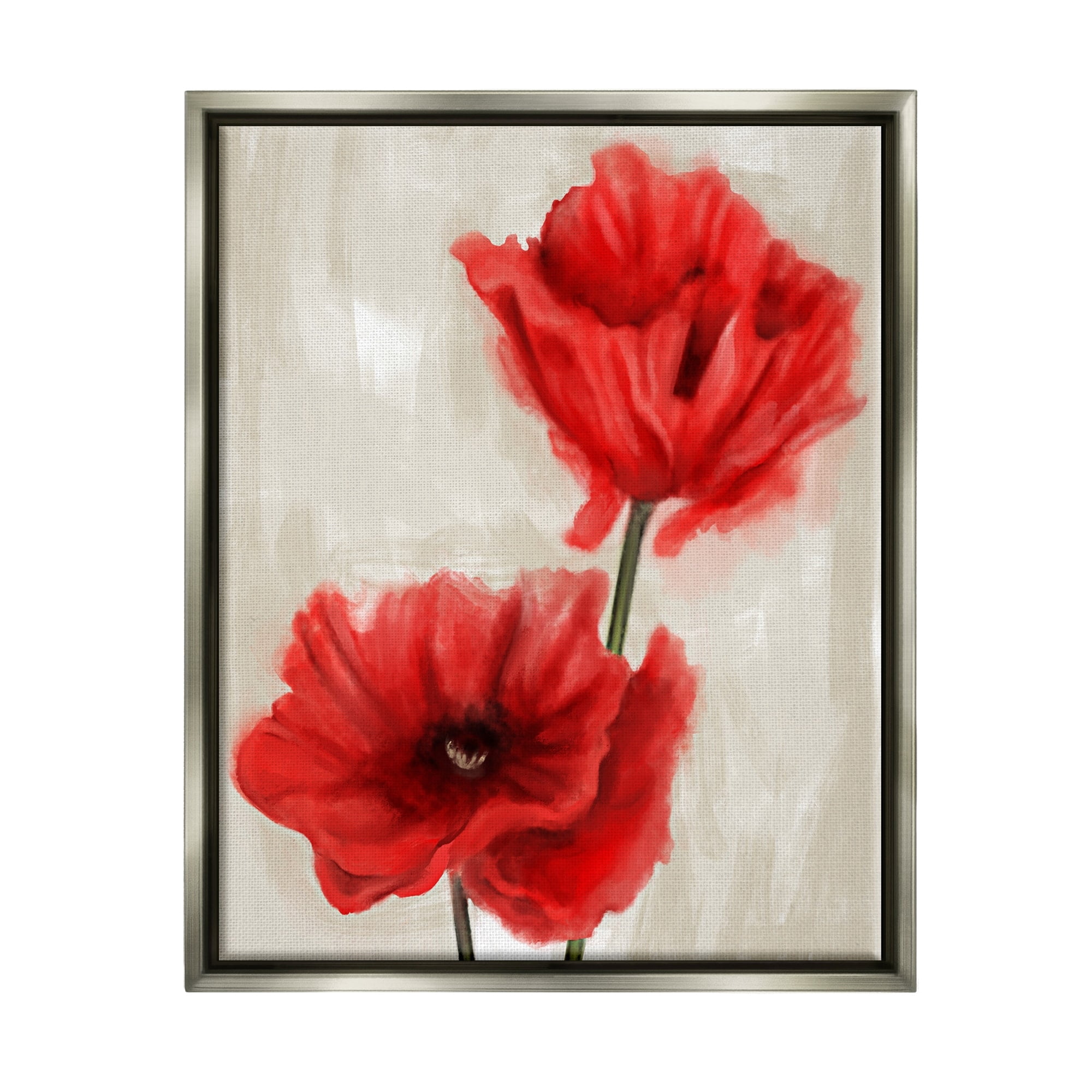Stupell Industries Soft Petal Poppies Red Beige Floral Painting Luster Gray Framed Floating Canvas Wall Art, 16x20, by Daphne Polselli