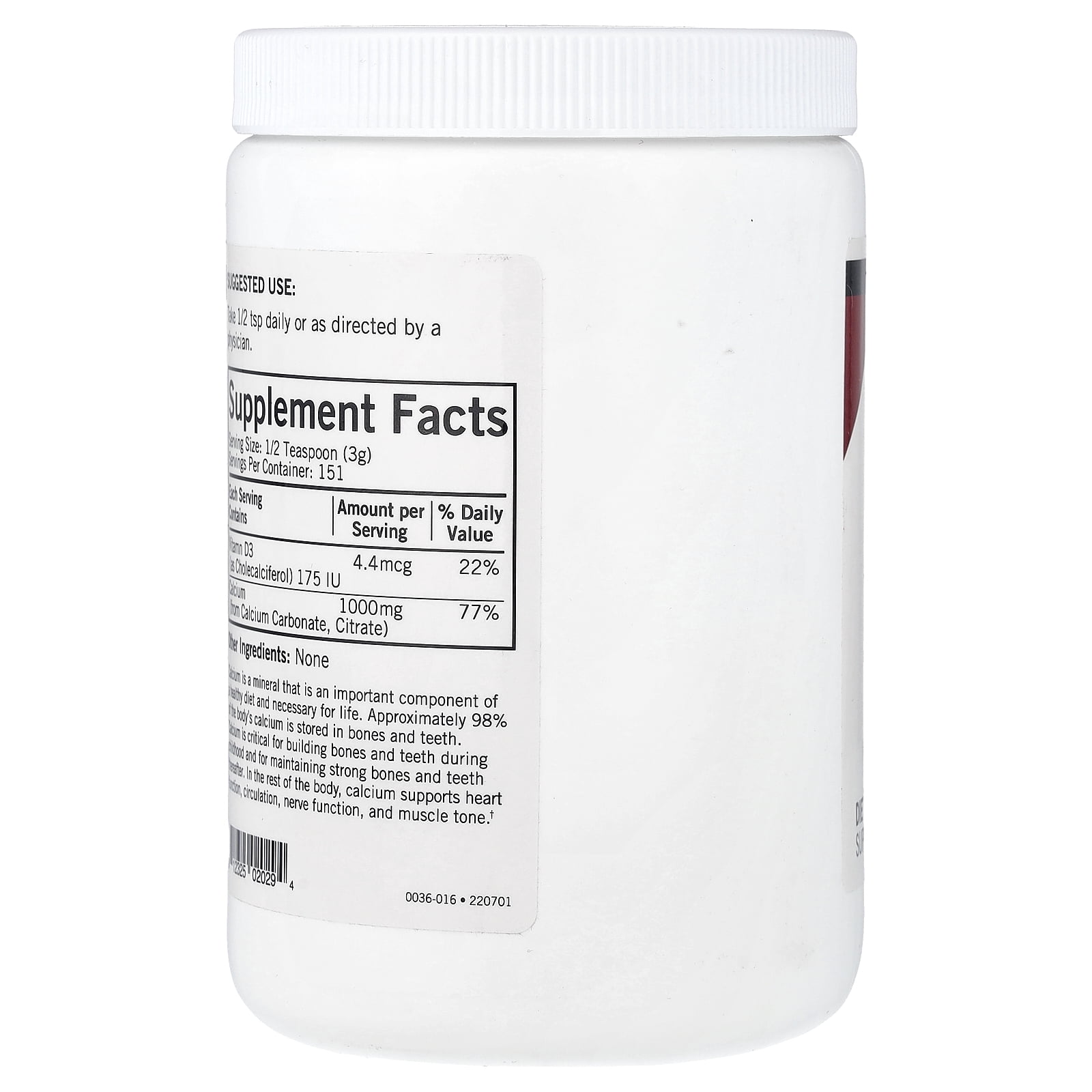 Kirkman Labs Calcium Powder Plus Vitamin D-3, Unflavored, 16 oz (454 g)
