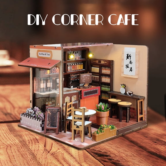 Music Park 3D Wooden Puzzle Corner Coffee Shop - LED Lighted Mini Cafe Book Nook Kit, DIY Stress-Relief Building Model for Adults, Creative Home Decor & Gift