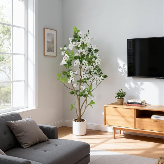 Lifelike Artificial Bougainvillea Tree for Home Decor – 150cm Tall with White Pot – Faux Silk & Plastic Triple-Branch Daisy Floral, Decorative Indoor/Outdoor Potted Plant (White)