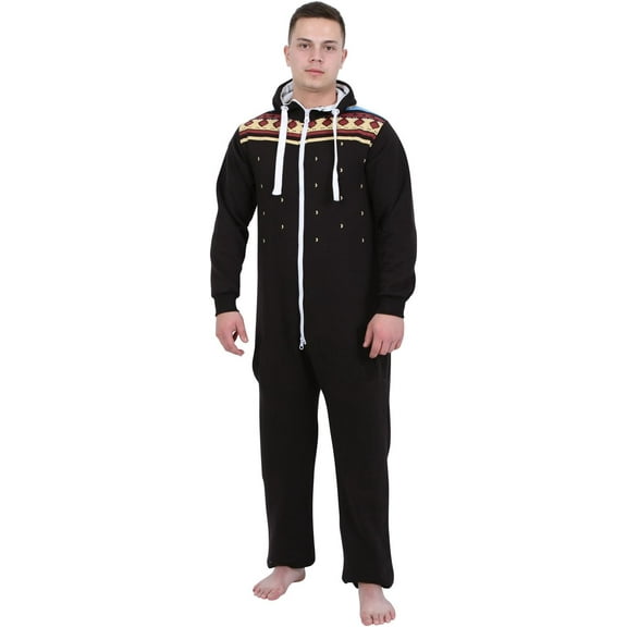 Juicy Trendz Man Hooded Fleece Onesie Pajamas – Aztec Print, Zip-Up, Unisex Non-Footed Sleepwear Jumpsuit for Adults