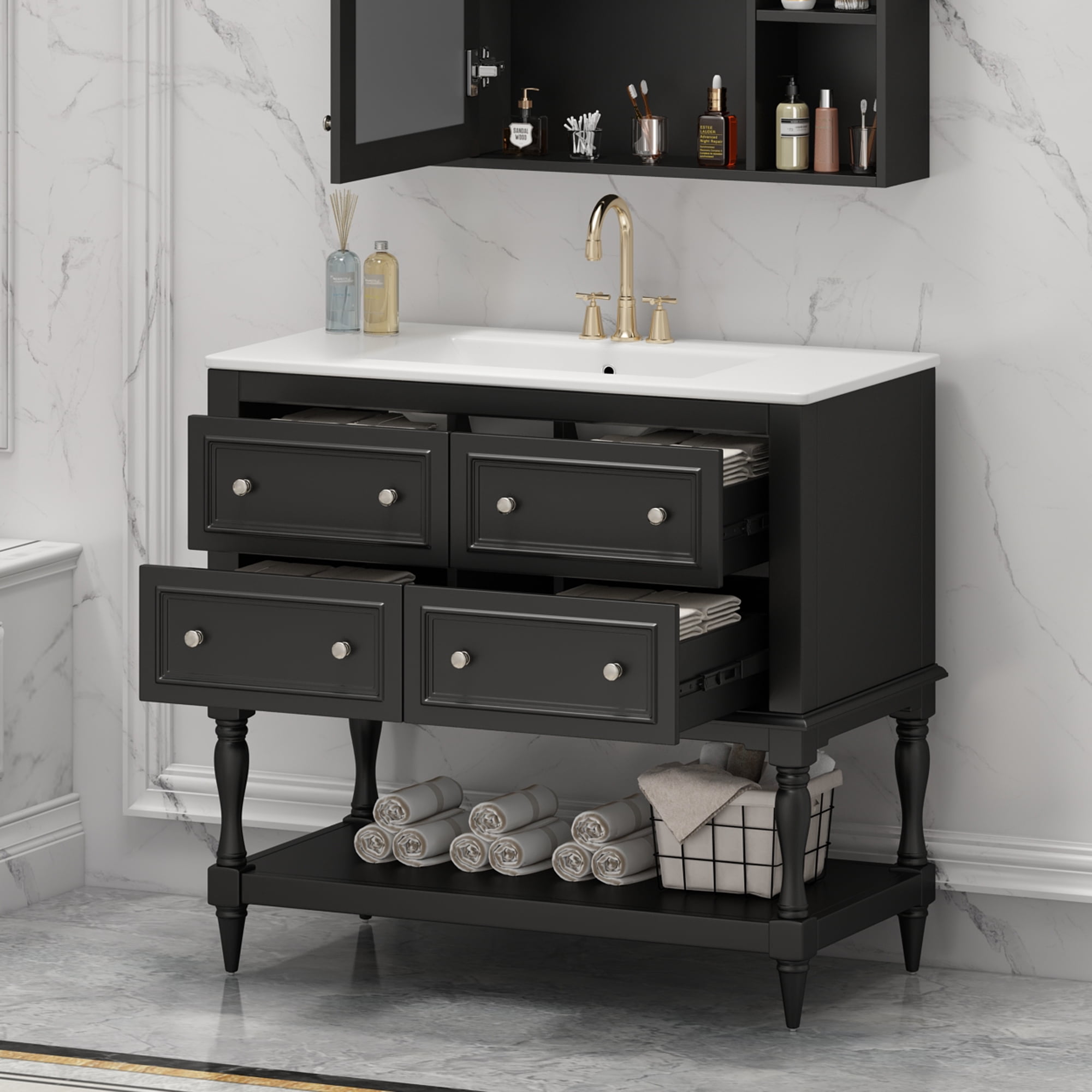 Harper & Bright Designs 36" Bathroom Vanity with Sink, Bathroom Storage Cabinet with Drawers, Single Sink Bathroom Vanity, Black