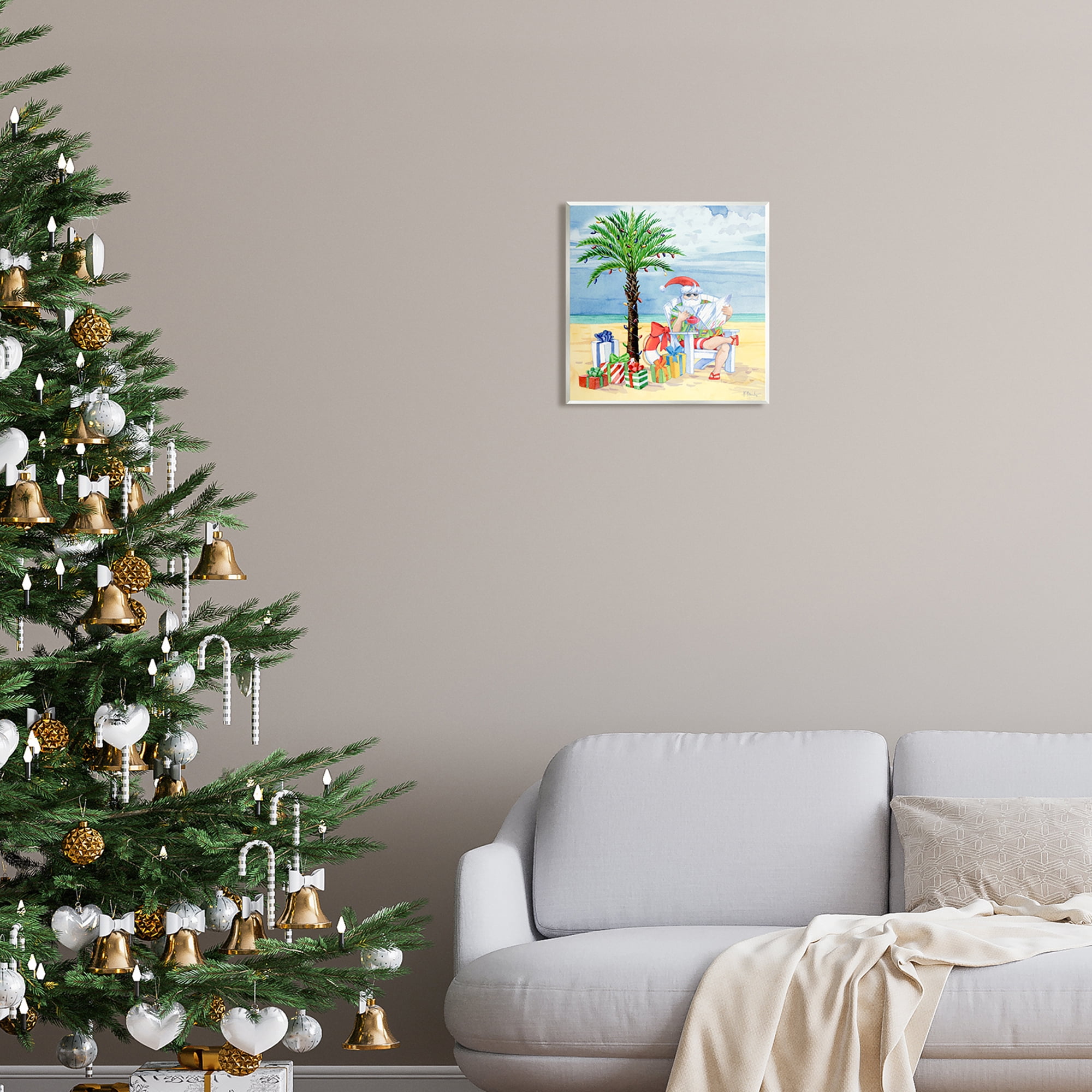 Stupell Industries Santa Claus on Beach Holiday Painting Unframed Art Print Wall Art, 12 x 12