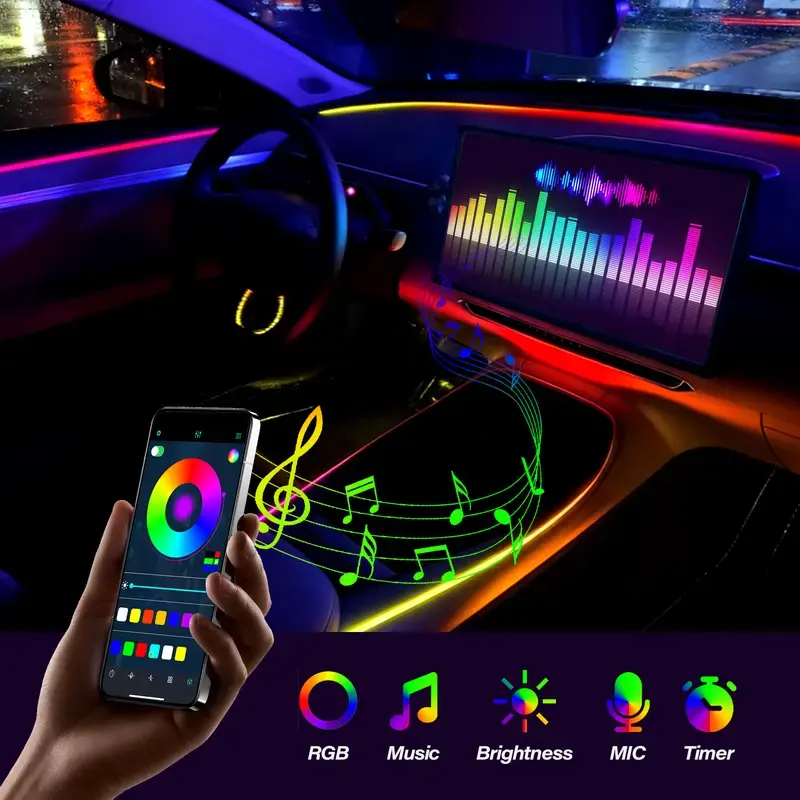 Ceesooi Smart LED Interior Car Lights, USB Powered RGB Car Ambient Lighting with App Control & Music Sync, DIY Mode 110cm+110cm 2-in-1 Design, Multi-Color Decor for Cars Trucks，Gift for Men & Women