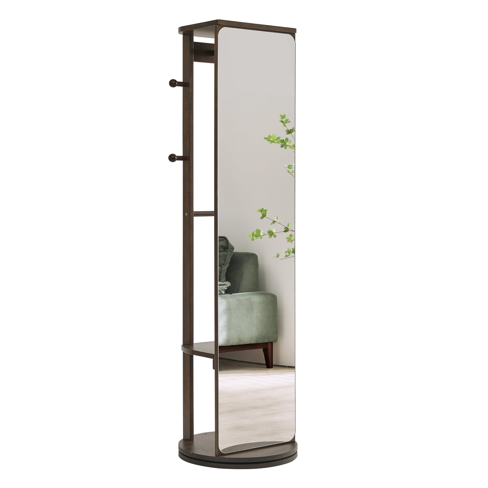 Leumius Rotating Full-Length Mirror Cabinet,360° Swivel Wood Jewelry Armoire with Hooks & Shelves for Bedroom/Closet