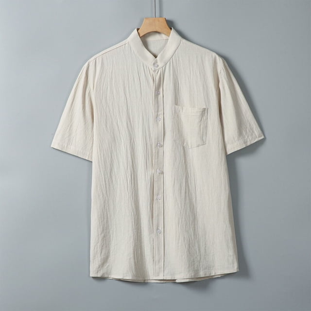 pstuiky camisetas para hombre, Camisa informal de manga corta con cuello alto, bolsillos y botones de color liso para hombre camisas casuales para hombre xxl
