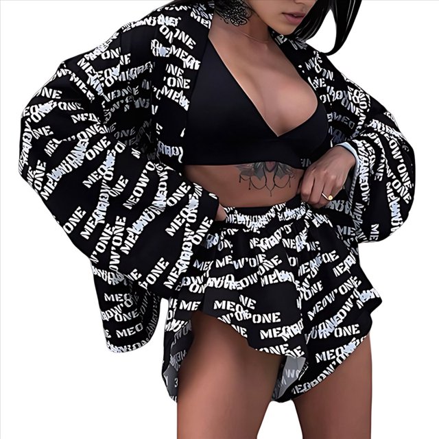 Pijama Holgado con Estampado para Mujer, Informal, con Cordones, de Larga y Pantalones Cortos de Cintura Alta, para el Hogar. Letras Negras M