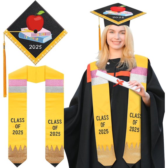 2 Pieces Class of 2025 Teacher Graduation Stole and Cap Education Grad Decorations Kit College Graduation Yellow Pencil Stole Sash Gifts for Men Women