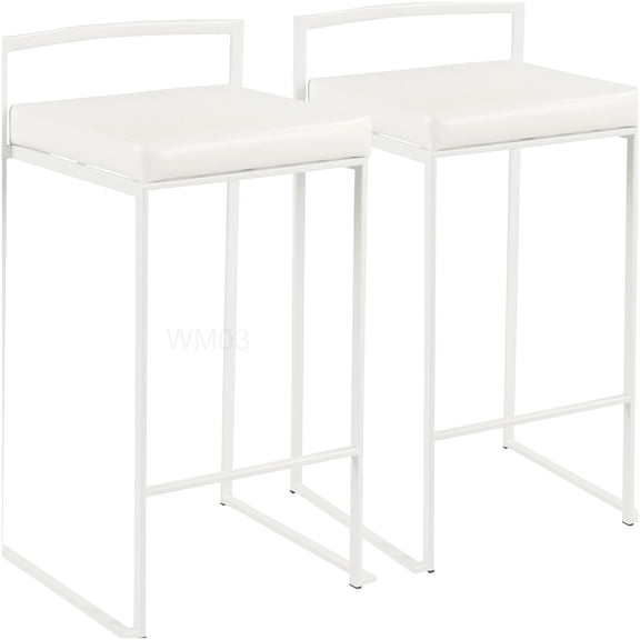 Set of 2 White Counter Stools with Faux Leather Cushion, Stackable Metal Frame Barstools for Kitchen Island, Contemporary Dining