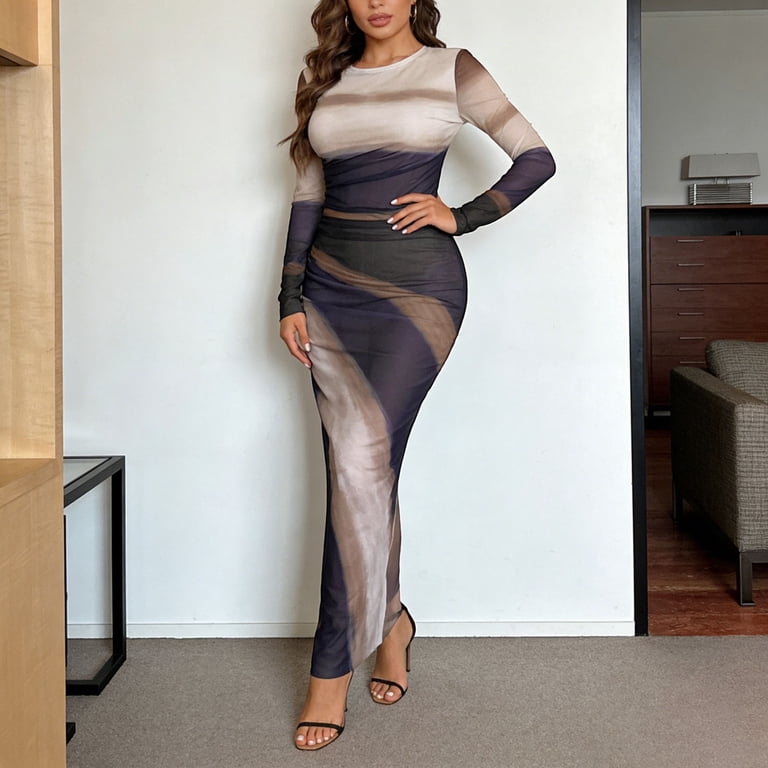 bodycon ombre dress Jane Wardrobe Women's Mesh Maxi Dress, Ombre Print Long Sleeve Bodycon  Dress, 1PC, S-XXXL