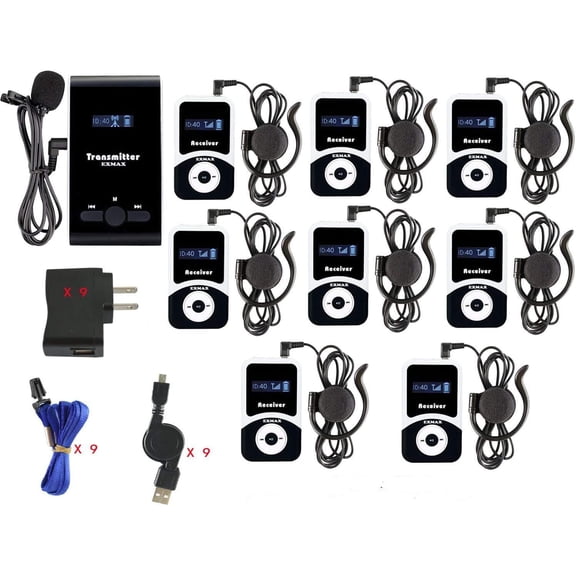 EXMAX® ATG-100T 195MHz Wireless Tour Guide System Interpreter Equipment Translator Microphone for Church Translation headsets Simultaneous Interpreting Equipment (1 Transmitter 8 Receivers)