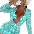 thumbnail image 3 of Conjunto de Bikini para mujer, traje de baño elegante de 2 piezas para playa, traje de baño de malla transparente, prendas de vestir de manga larga, rayas verdes lago XL, 3 of 6
