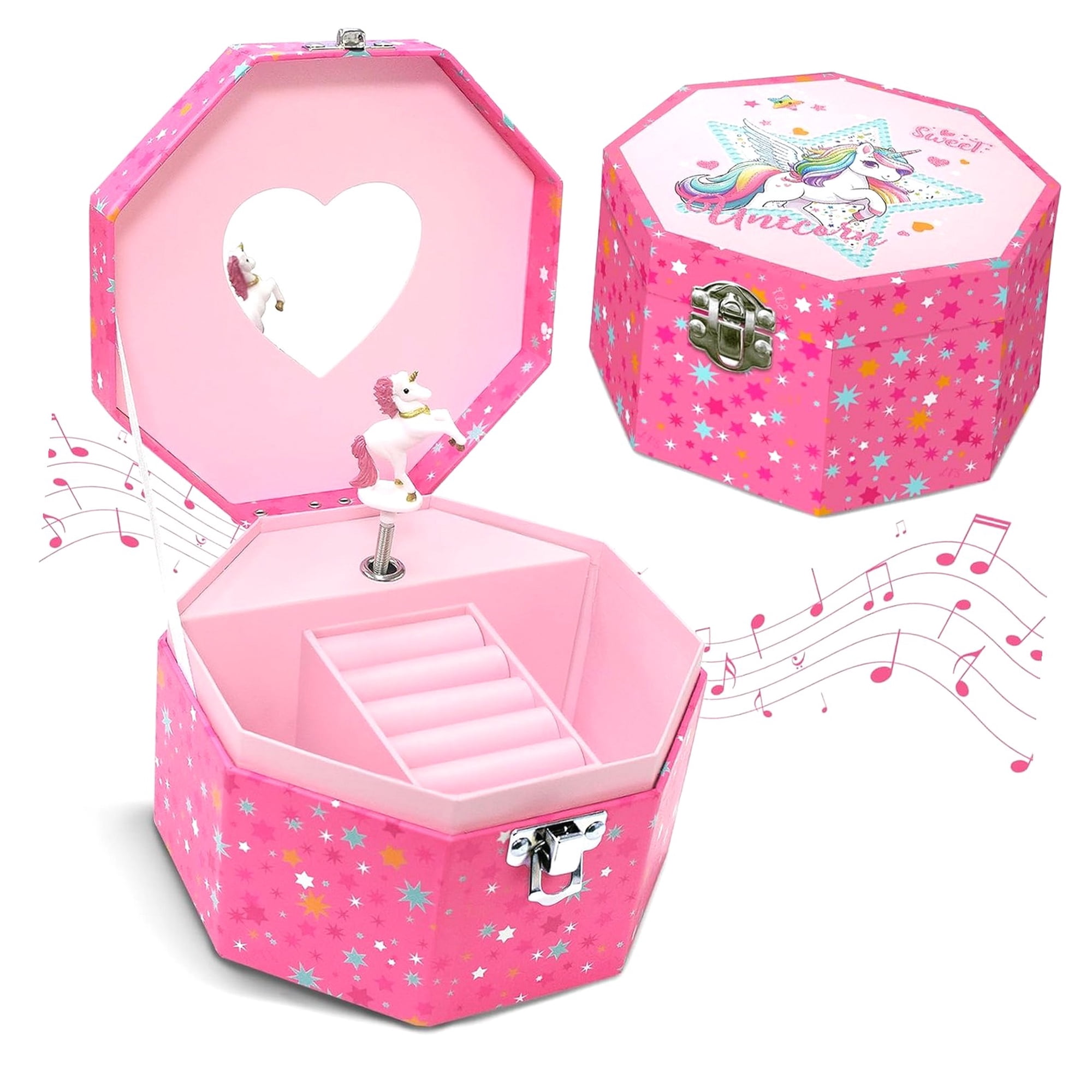 Bybiment Musical Jewelry Box for Girls, Music Box with Rotating Jewelry Organizer 5.7 5.7 3.3 inches Birthday for Little Girls Ages 3 4 5 6 7 8 9