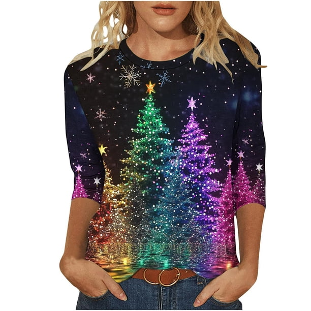 Camisetas de Navidad para Mujeres, 3/4 Manga Cuello Redondo Blusa con Estampado de Vacaciones, Top de Moda Casual