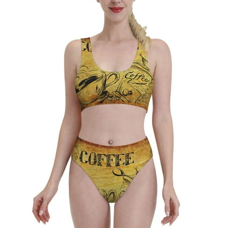 Bixox Coffee Vintage Pattern Two-Piece Sports Bikini with U-Shaped Top and High-Waist Bottom - Women s Swimwear with Removable Bra Pads