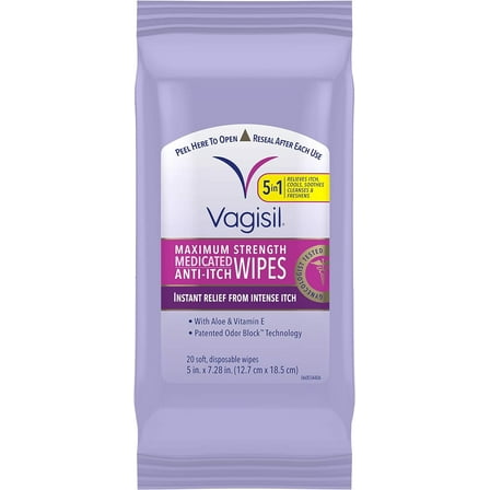Vagisil Wipes, Anti-Itch Medicated Feminine Vaginal Wipes, Maximum Strength, Instant Relief, 20 Wipes (Pack of 1)