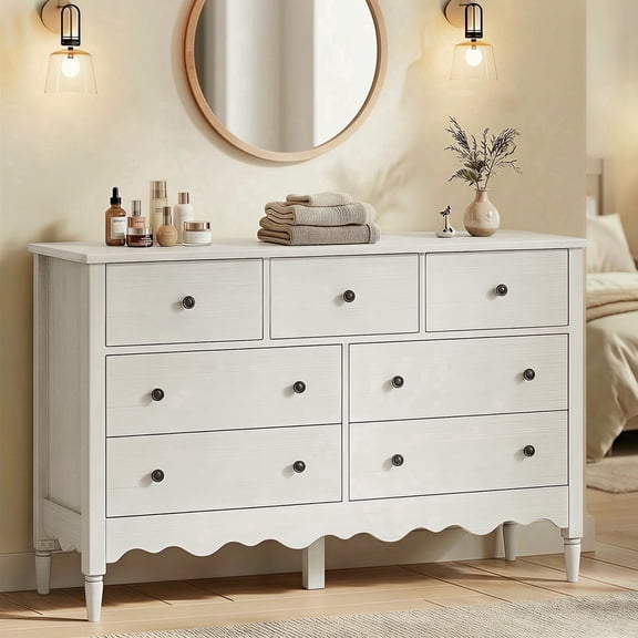 Homieasy 7 Drawer Dresser, Modern Wooden Chest of Drawers for Closet, Bedroom, Off White