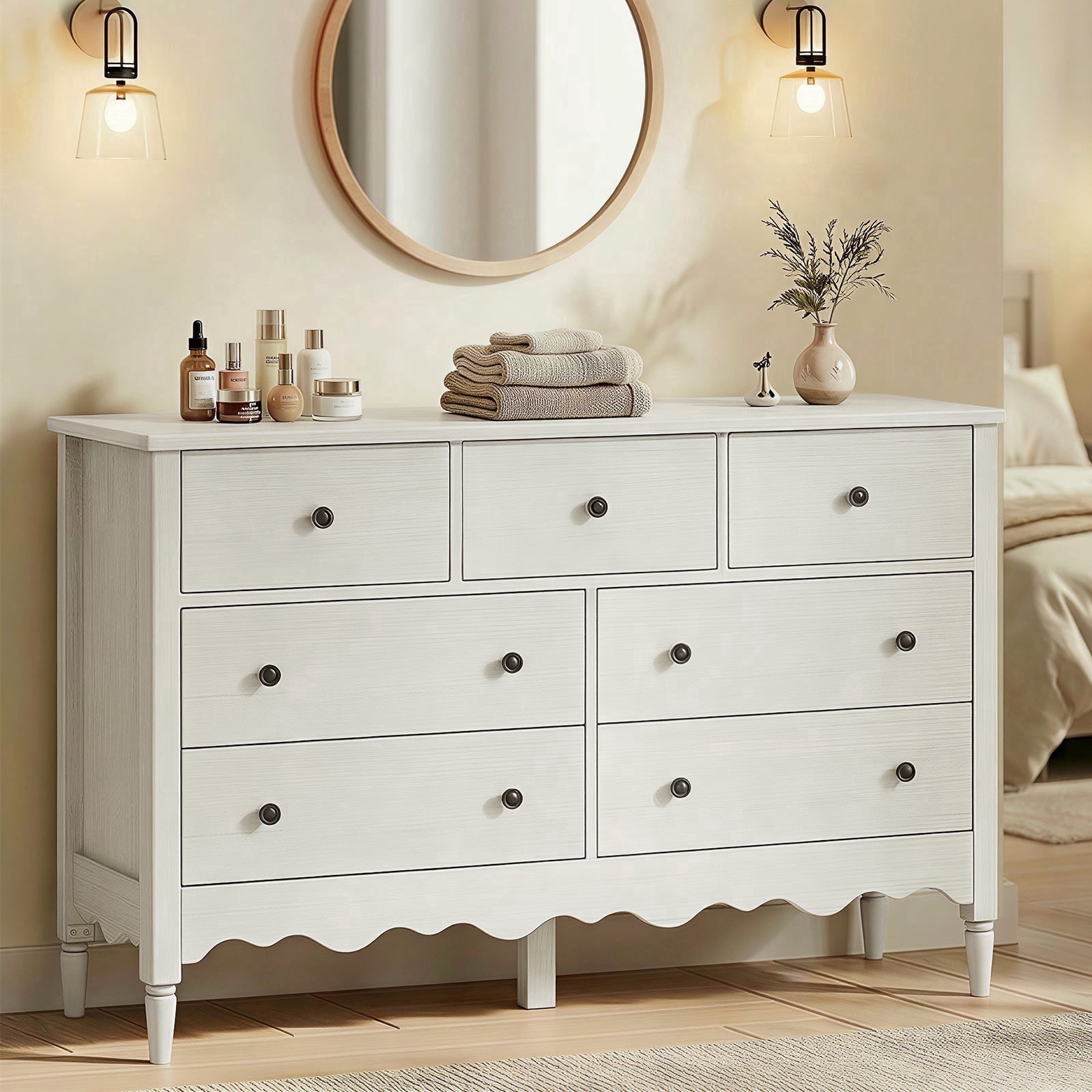 Homieasy 7 Drawer Dresser, Modern Wooden Chest of Drawers for Closet, Bedroom, Off White
