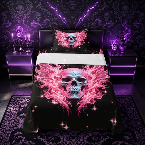 Castle Fairy Y2K Gothic Winged Skull Twin Sheets 3pcs,Sparkle Flame Star Artwork Bedding,Hot Pink Black,1 Fitted Sheet,1 Flat Sheet and 1 Pillowcase