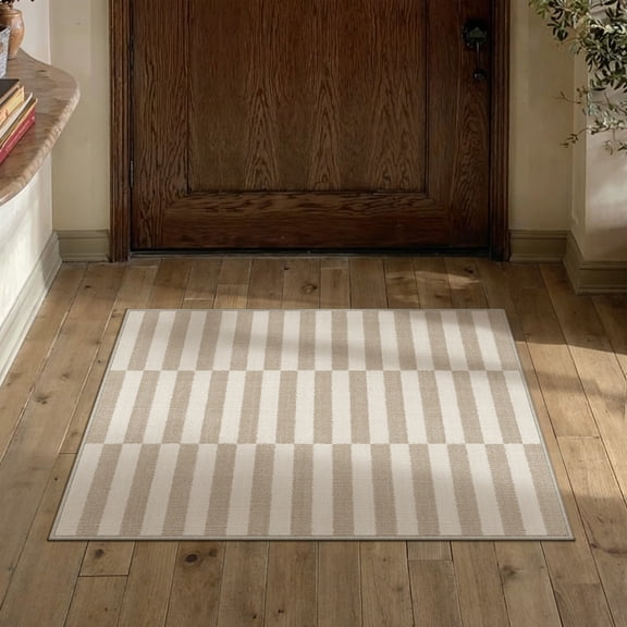 BERTHMEER 2'x3' Small Area Rugs for Entryway Laundry Bathroom Bedroom Entrance Kitchen Striped Pattern Rugs Dorm Light Brown Beige Non Slip Washable Modern Contemporary Geometric Carpets