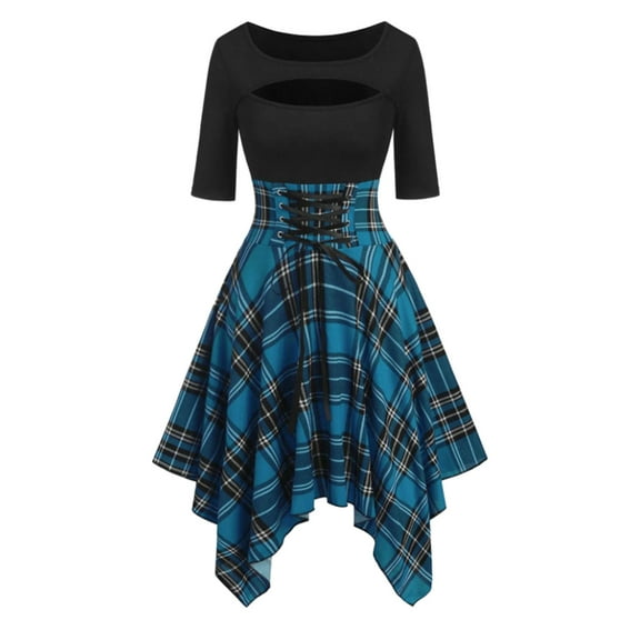 Womens Dresses Short Sleeve Summer Plaid Tops Plus Size Slim Belted Irregular Handkerchief Casual Dress Blue L