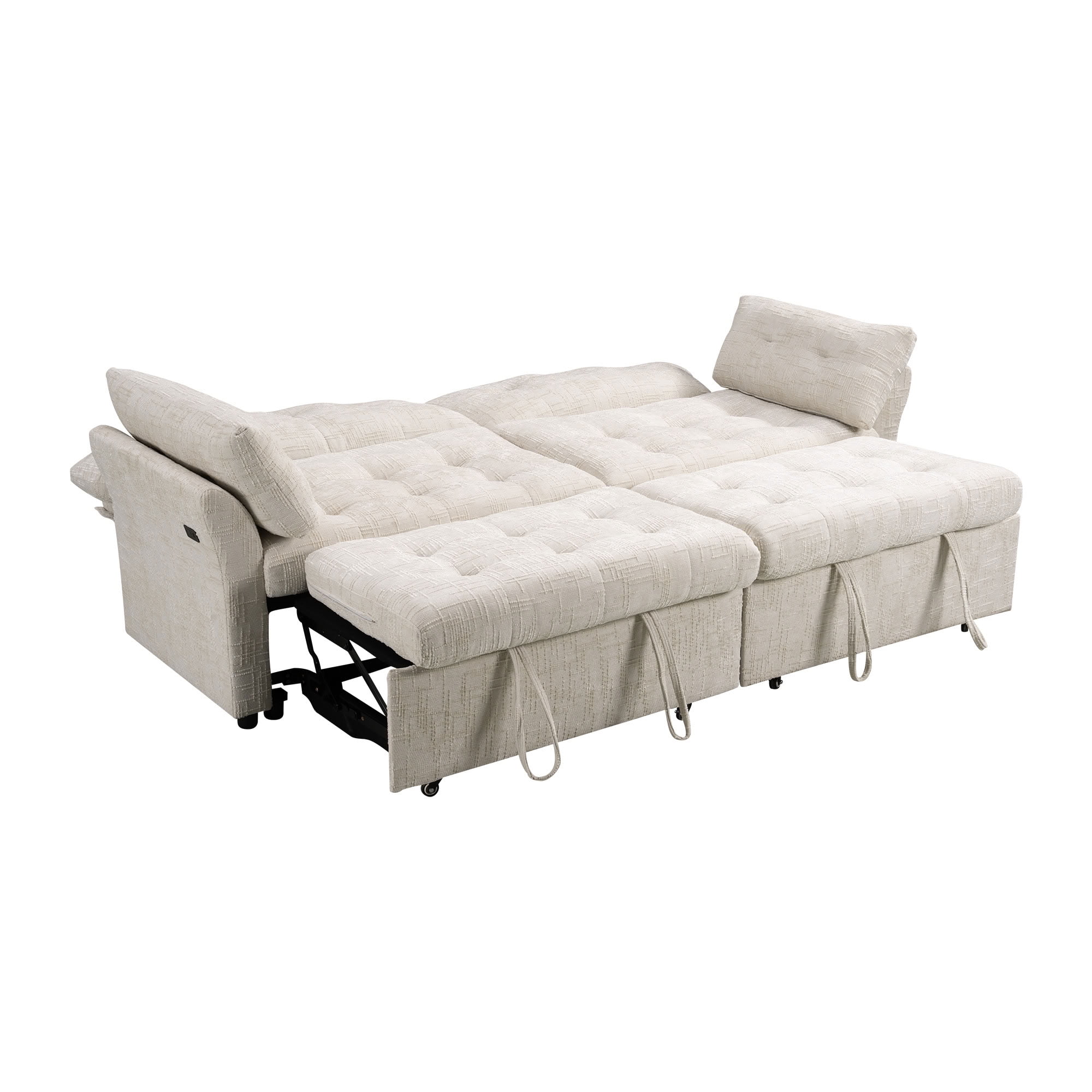 MAYEERTY Convertible Sleeper Sofa with Double Pull-Out Beds, 3-in-1 Tufted Linen Sofa Bed with 180° Flat Backrest, for Living Room, Apartment, Small Space