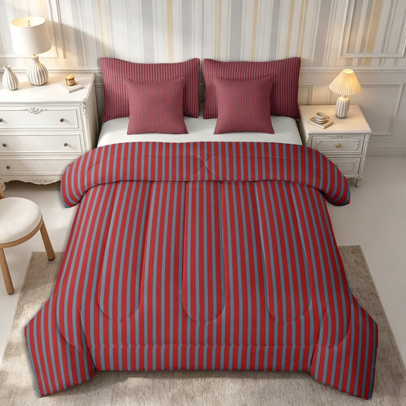 Castle Fairy Abstract Minimalist Vertical Line 7-Piece Twin Bedding,Geometric Strip Pattern Bedding Comforter Set,Deep Red Slate Blue,Reversible
