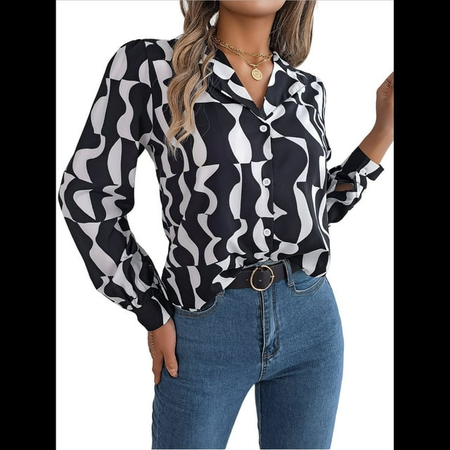 Camisa de Larga con Botones Geométricos para Mujer, Blusa Informal Ajustada con Cuello y Estampado Integral. y Negro L