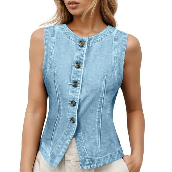 Women's Denim Vest Sleeveless Button Down Jean Top Casual Western Fitted Crew Neck Outerwear Summer Tank