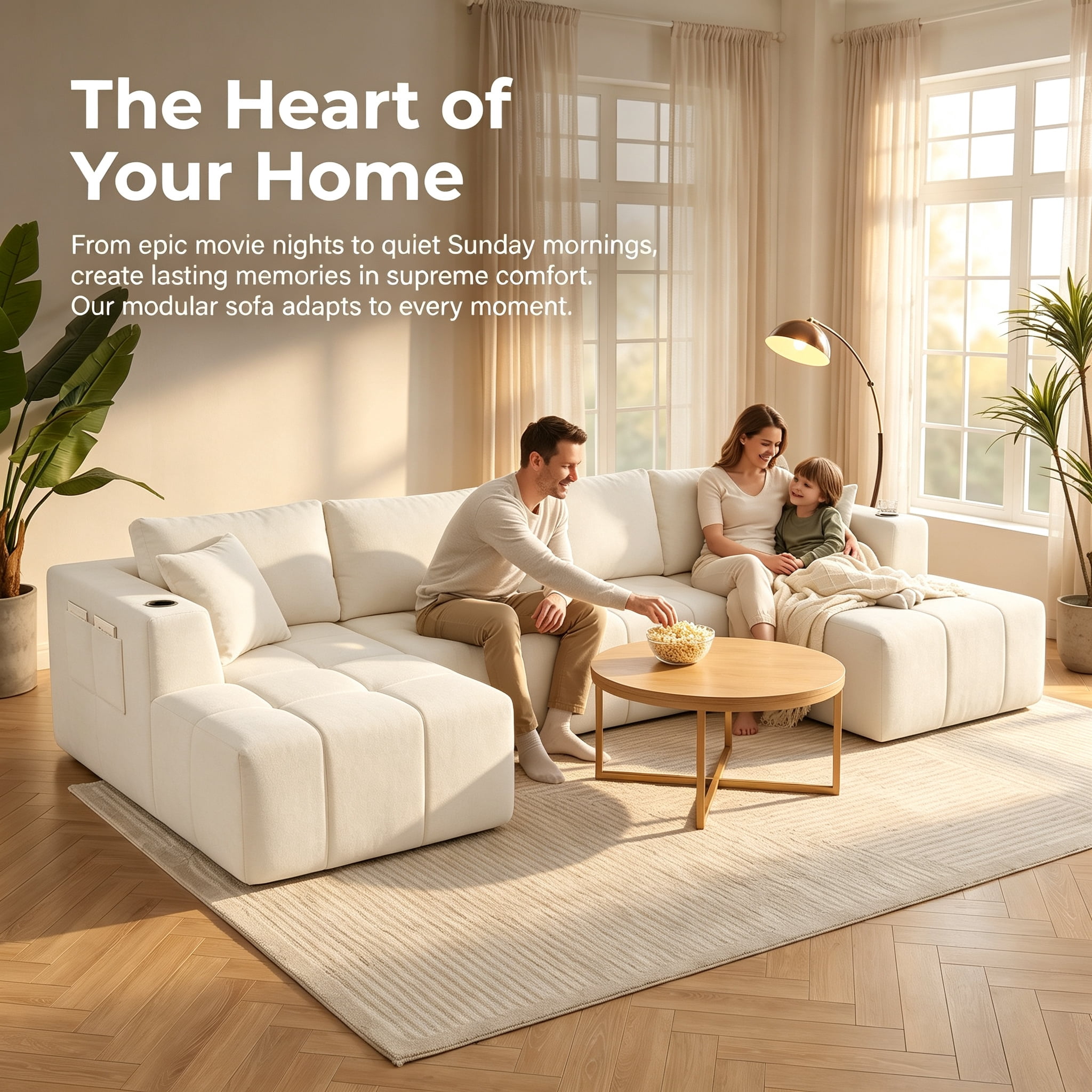 ShiKeyi 132.5" Modern U-Shaped Modular Sectional Sofa with Double Chaise, Premium Chenille Fabric Cloud Couch Set with Cup Holders & Storage Pockets for Living Room, Beige
