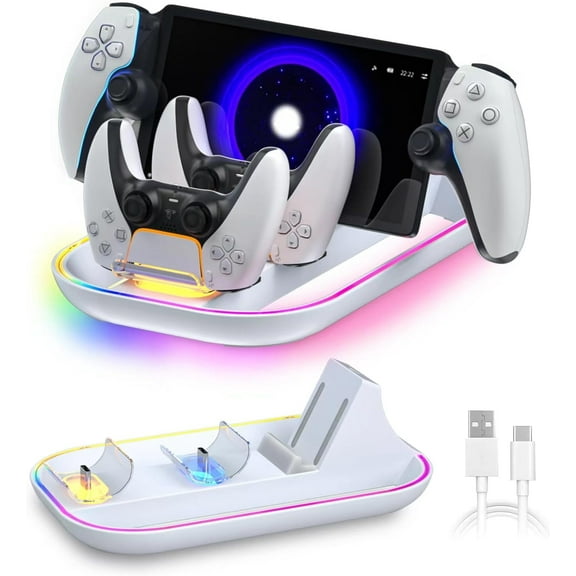 For PS Portal Charger, 3-in-1 Charger Dock for PS Portal and P5 Controllers, PS Portal Accessories with 14 RGB Lights, Type-C Cable - White