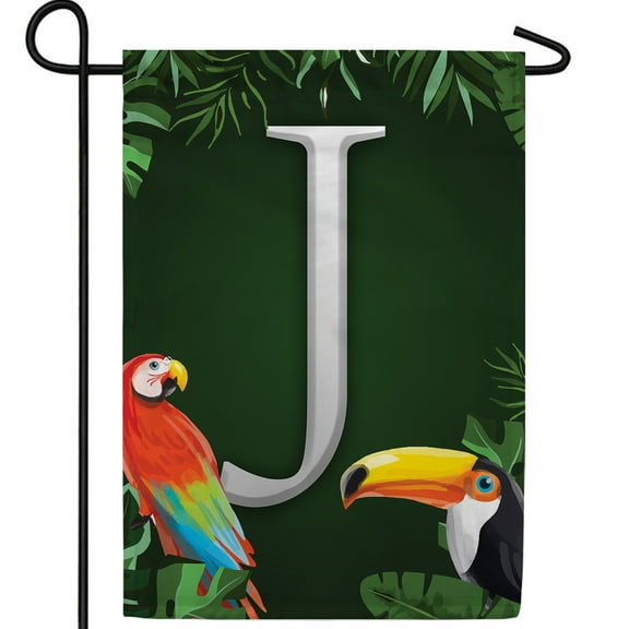 America Forever Tropical Bird Summer Monogram Garden Flag Letter J 12.5 x 18 inches Parrot Toucan Palm Leaves Double Sided Vertical Outdoor Yard Lawn Decorative Coastal Garden Flag