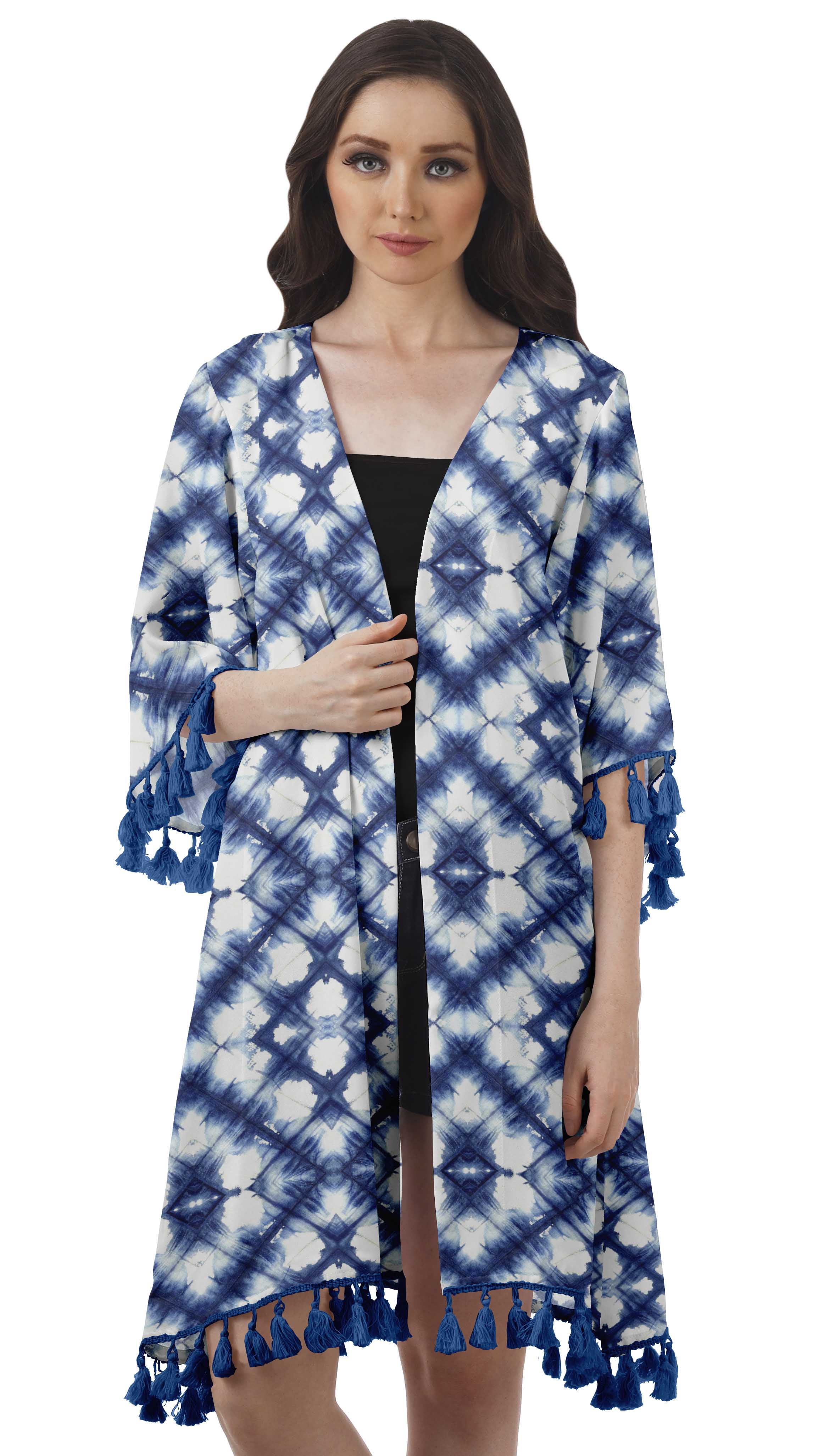 Moomaya Gilet Imprimé à Ouverture Frontale Manches 3/4 Georgette Couverture de Plage pour Femmes