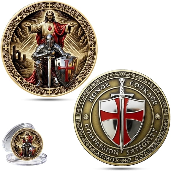 BAOPAI Sacred Knight Christ Protector Commemorative Coin with Red Shield - Templar Inspired Symbolic Gift for Collectors Believers and Religious Inspiration