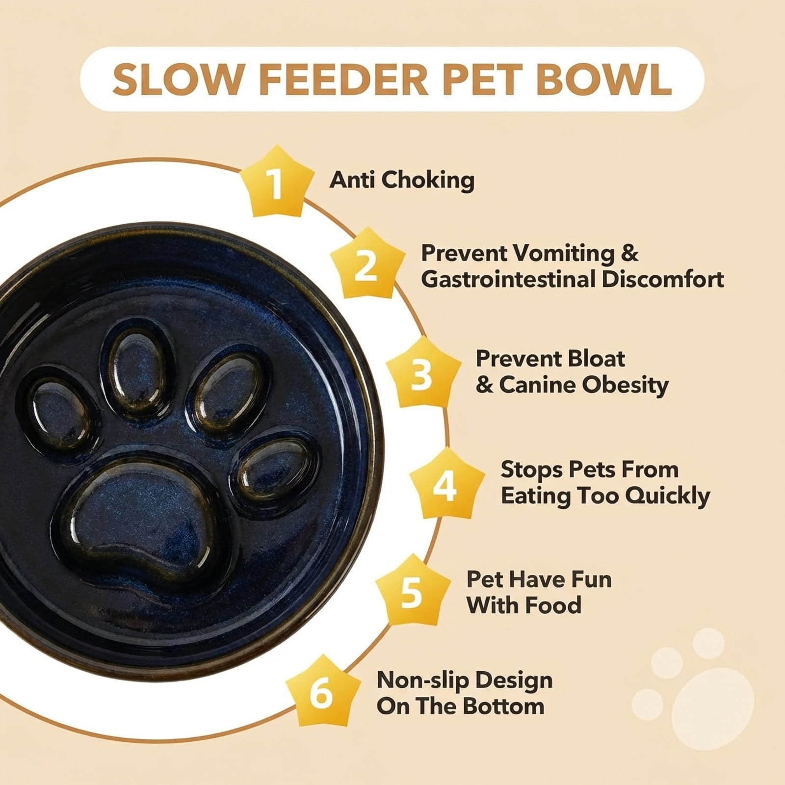 JoyPetto Elevated Slow Feeder & Water Bowl Set, Adjustable Bamboo Stand for Small Dogs & Cats, Ceramic Raised Bowls 27 oz, Dishwasher Safe, Dark Blue