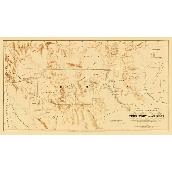 Historic State Map - Arizona Territory R.P. Kelley - Schrader 1860 - Vintage Wall Art