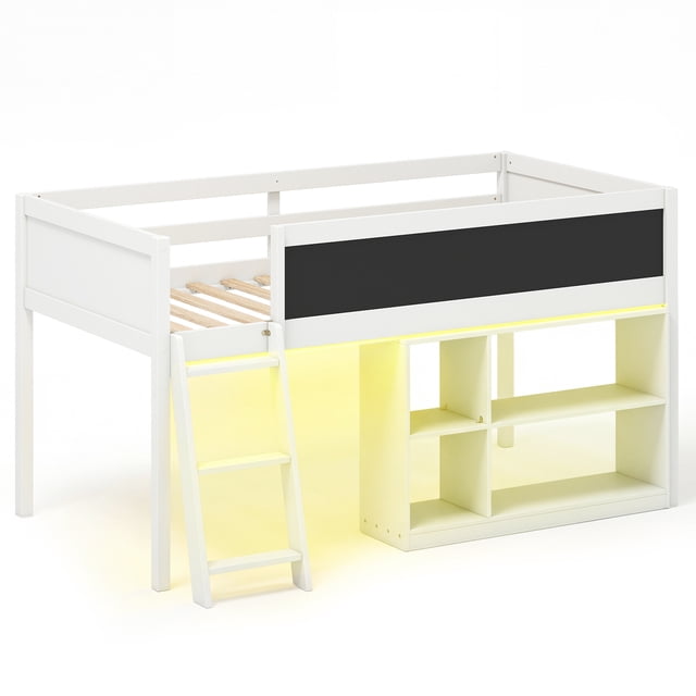 Gymax Kids Loft Bed w/LED Lights Chalkboard & Removable Bookcase Safety Guardrail White