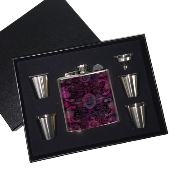 KuzmarK 6 oz. Stainless Steel Flask Set in Black Presentation Box - Paisley Pretty Painting