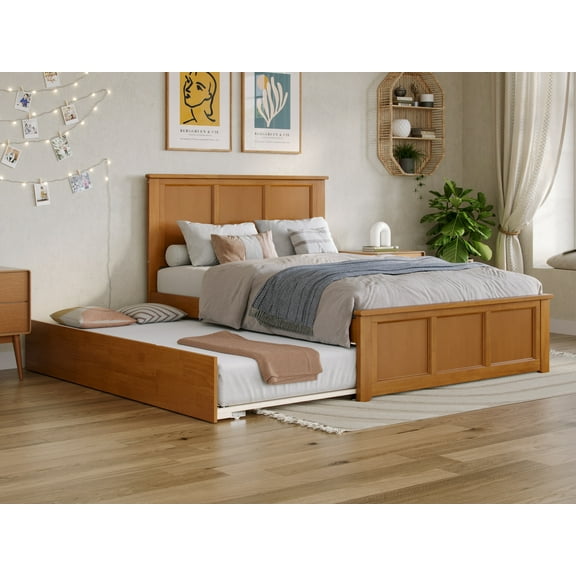 AFI Madison Full Wood Platform Bed with Matching Footboard and Full Trundle, Light Toffee