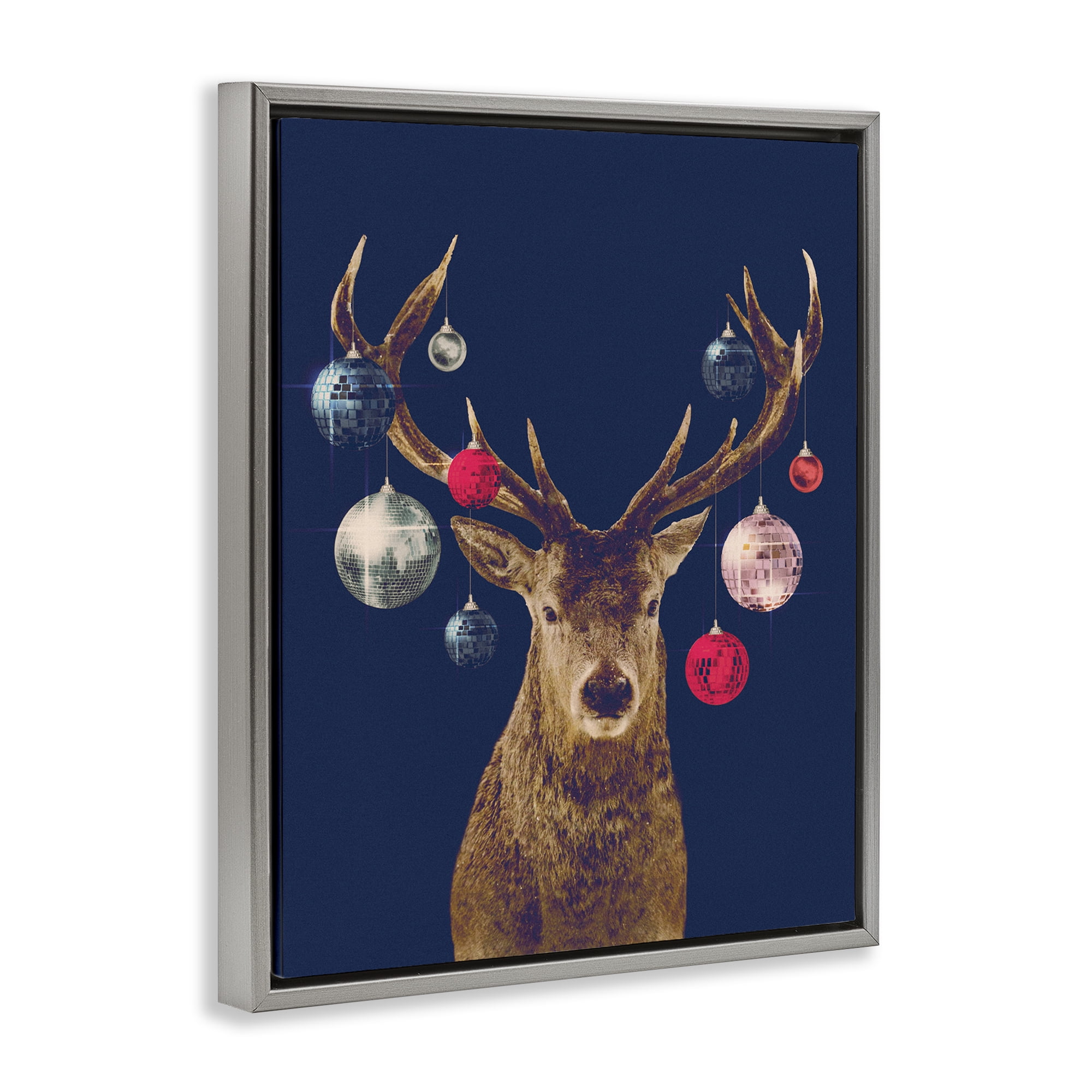 Stupell Industries Deer & Shining Ornaments Holiday Painting Gray Floater Framed Art Print Wall Art, 25 x 31