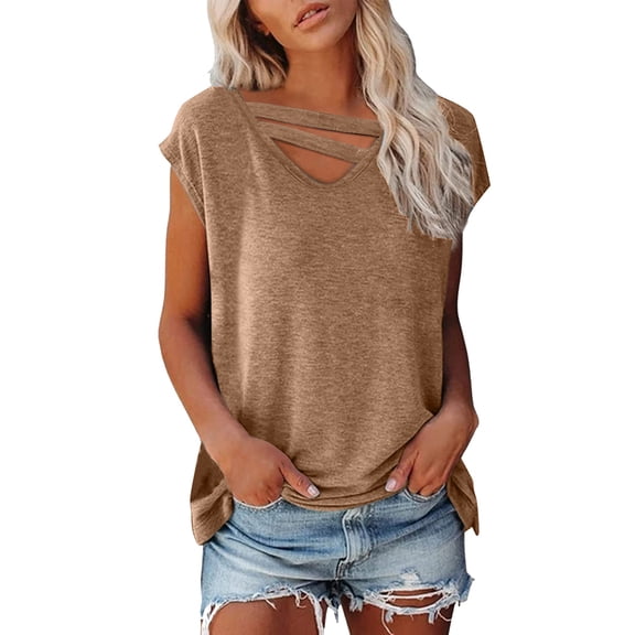 CAIVO Women's Shirts Solid Color Short Sleeve Oversized Casual V-Neck Fashion Tops Summer Blouse Cozy Back To School Dailywear