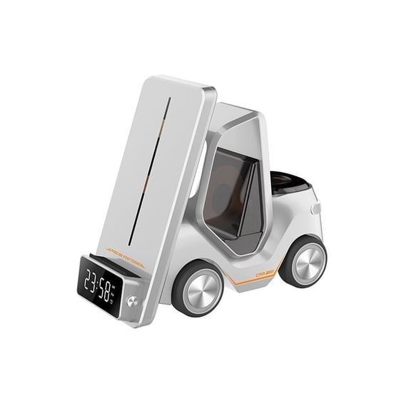 LC-dolida Wireless Charging Station with Clock, Ambient Light, Small Car Desktop Wireless Charger, Forklift Fast Charging for Phone 15 Watch Headphones Charging Cell Phone Holder (White)