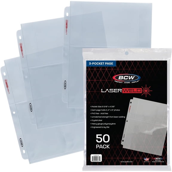 Laserweld 3-Pocket 4x6 Photo Sleeves for 3 Ring Binder | Archival Photo Album Refill Pages | 50 Count