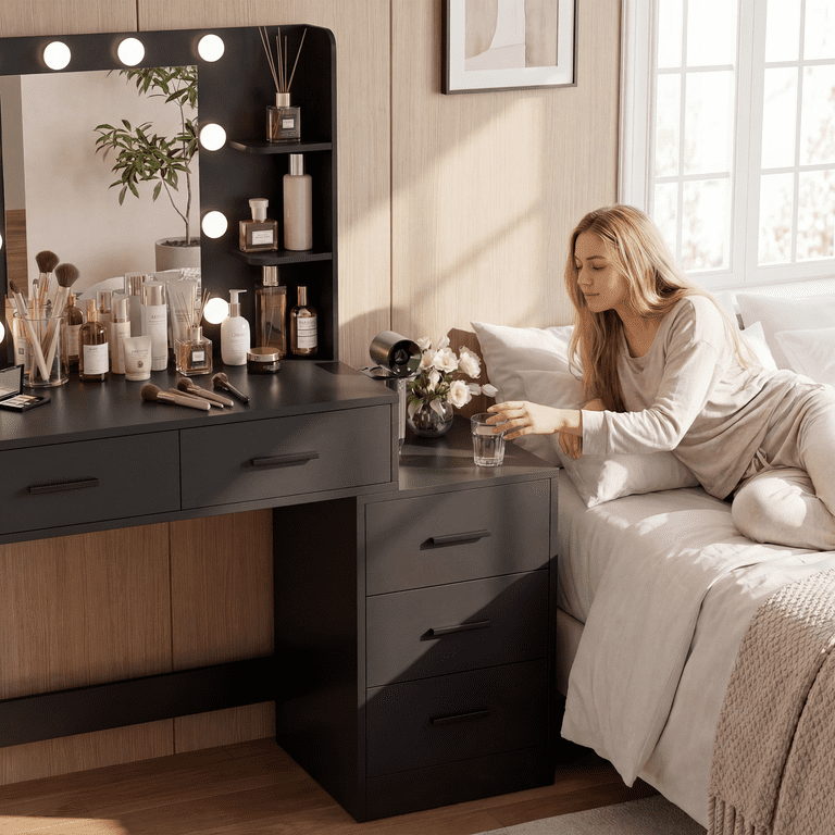 Lacoo Vanity Desk with 5 Drawers & Charging Station, Makeup Vanity with Lights & 4 Shelves, Dressing Table for Bedroom, Black
