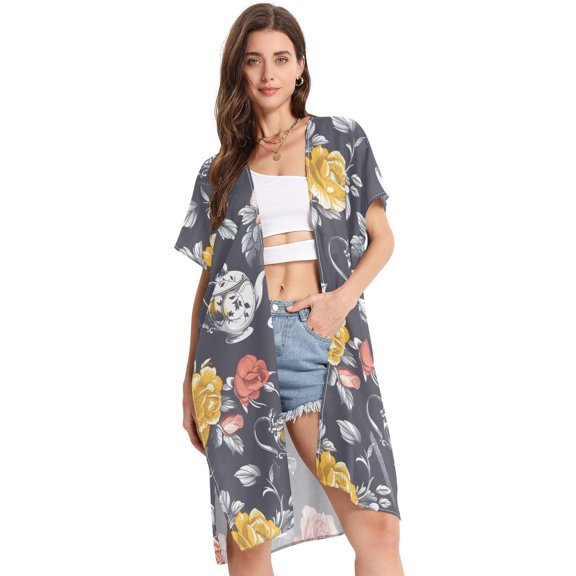 Beach Vacation Clothes Kimono Cardigan Loose Swimsuit Cover Up for Women Rose Flower Teacup Teapot S