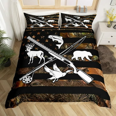 Hunting And Fishing Duvet Cover Wildlife Fish Duck Deer Bear Twin Bedding Sets Men,Camo American Flag Comforter Cover Rustic Trees Leaves Camouflage Bed Set With 1 Pillow Case