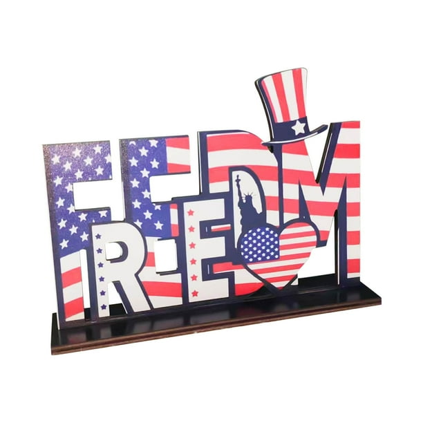 Decoraciones de madera del Día de la Independencia - Letras y estrellas de la bandera de EE. UU., Adornos de escritorio rojo, blanco, azul, para decoración de fiestas